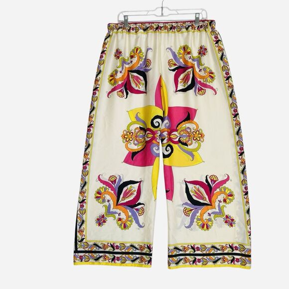 Zara Wide Leg Cropped Pants Women L Muticolor Scarf Print Silky Pull On - Picture 10 of 10